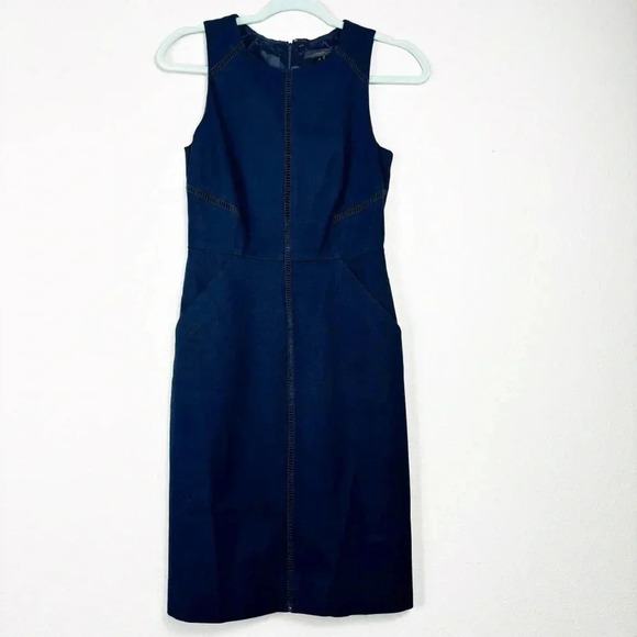 J. Crew Navy Blue Ladder Stitch Sheath Dress Bi-Stretch Cotton fully lined sz 0 - Picture 11 of 11